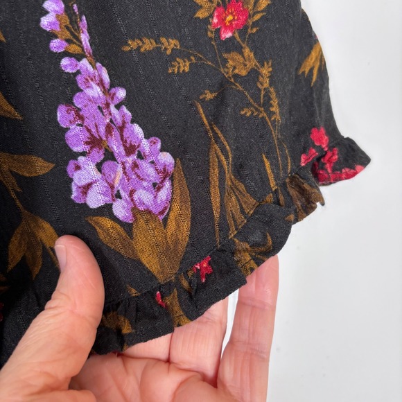 Y2K American Eagle Floral‎ Jumpsuit Romper Wide Leg Hook & Eye Black Purple Sz 0 - Picture 7 of 10